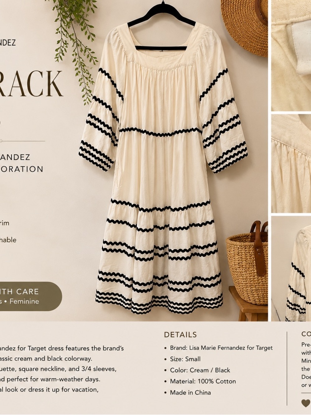 Lisa Marie Fernandez Cream Tiered Dress with Black Trim